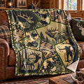 Digital Panel Elk Fleece Blanket draped on a couch