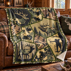 Digital Panel Elk Fleece Blanket draped on a couch