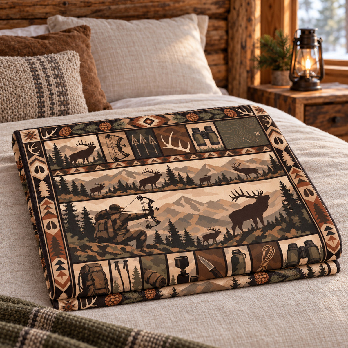 Trading Post Bowhunt Fleece Blanket folded on a bed