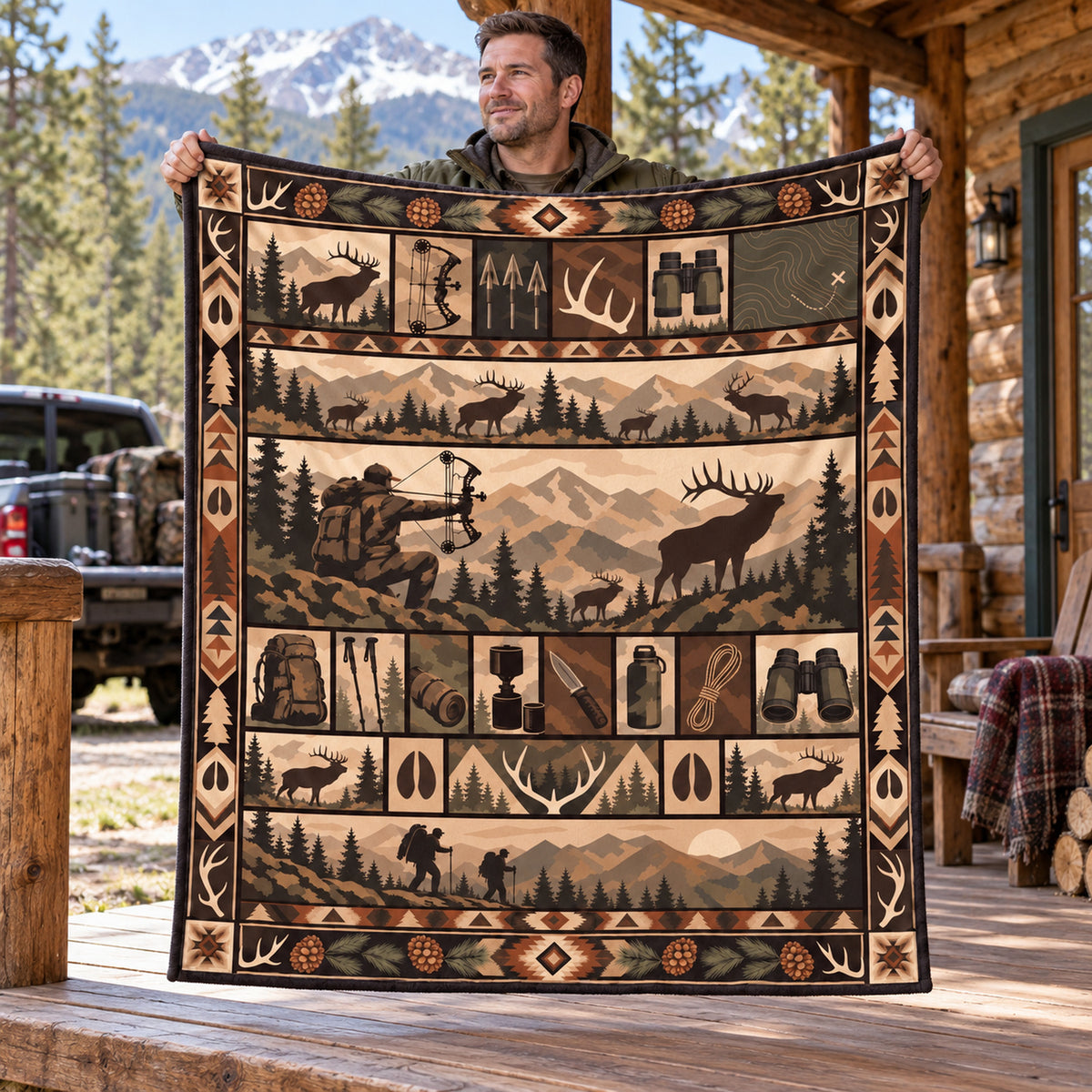 Trading Post Bowhunt Fleece Blanket held open by a hunter