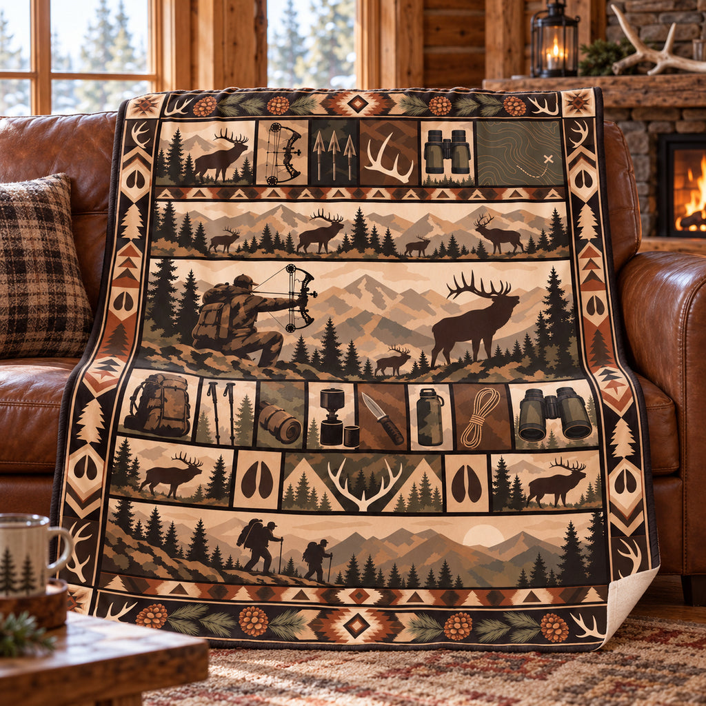 Trading Post Bowhunt Fleece Blanket draped on a couch