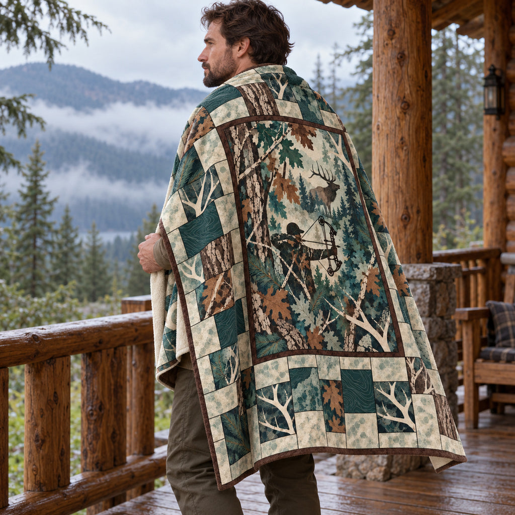Teal Oak Patchwork Fleece Blanket draped over a shoulder