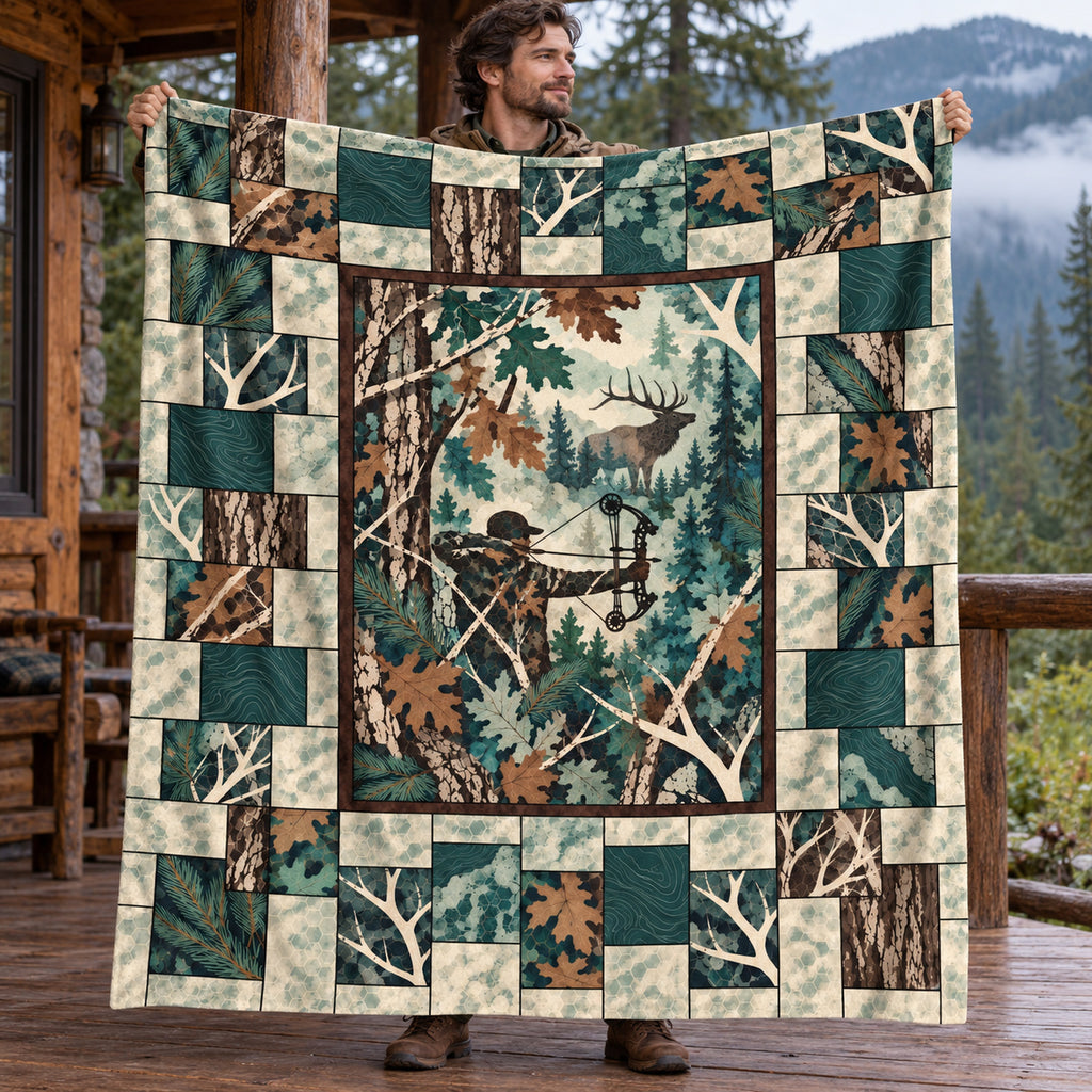 Teal Oak Patchwork Fleece Blanket held open, full print front