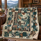 Teal Oak Patchwork Fleece Blanket draped on a couch