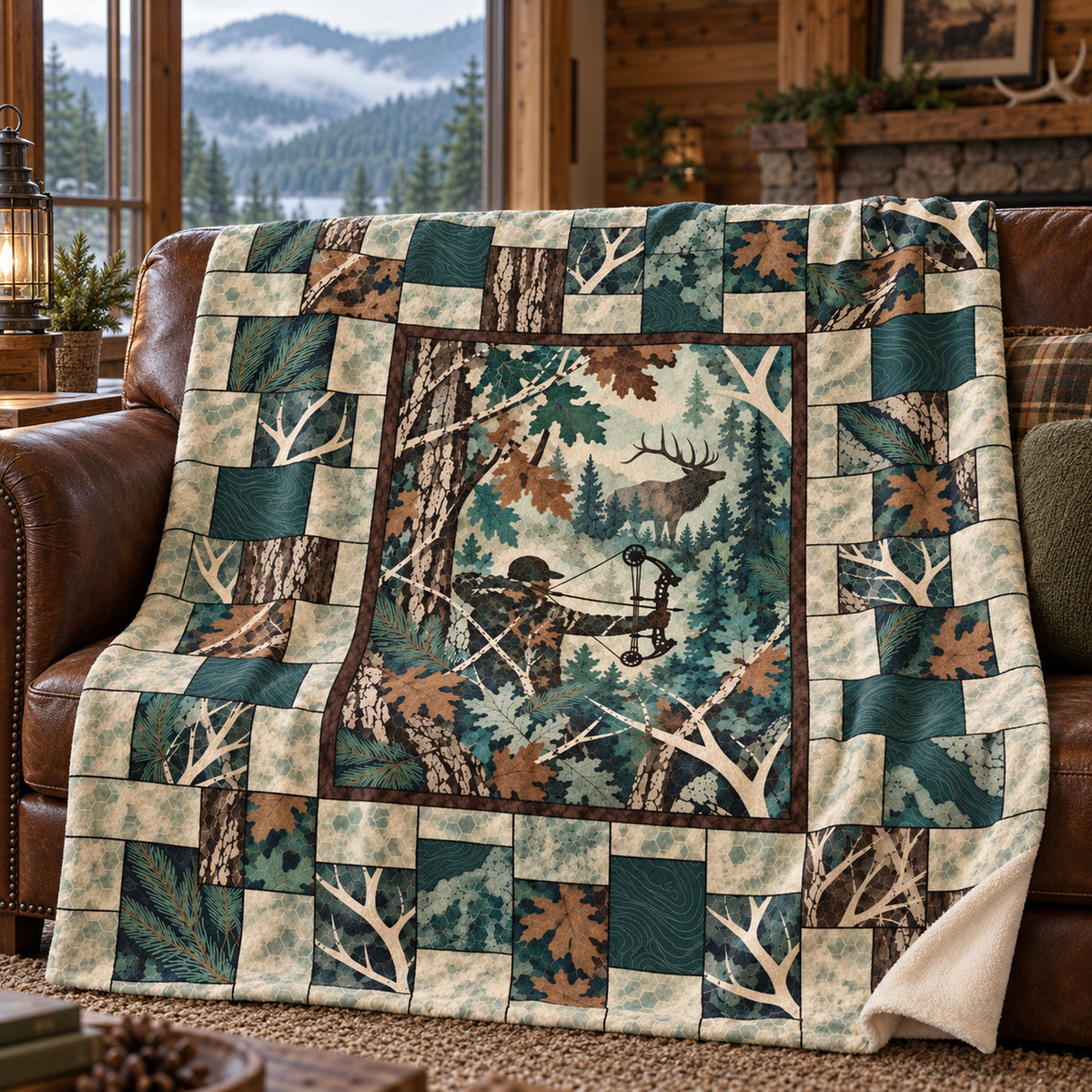 Teal Oak Patchwork Fleece Blanket draped on a couch