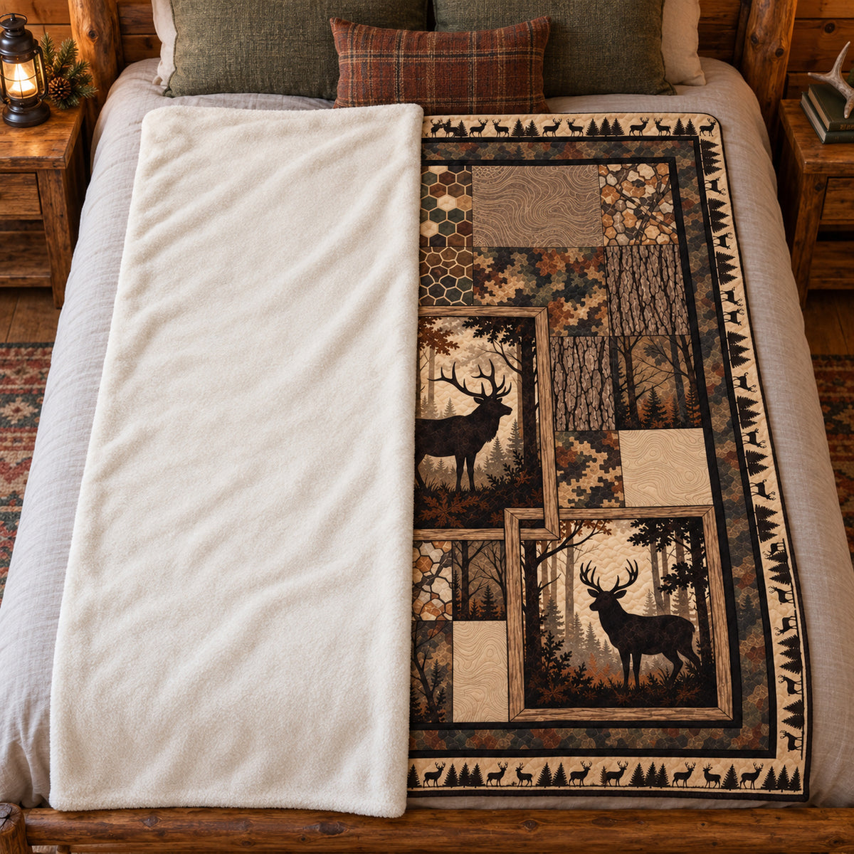 Timber Window Panel Fleece Blanket folded on a bed showing the sherpa back