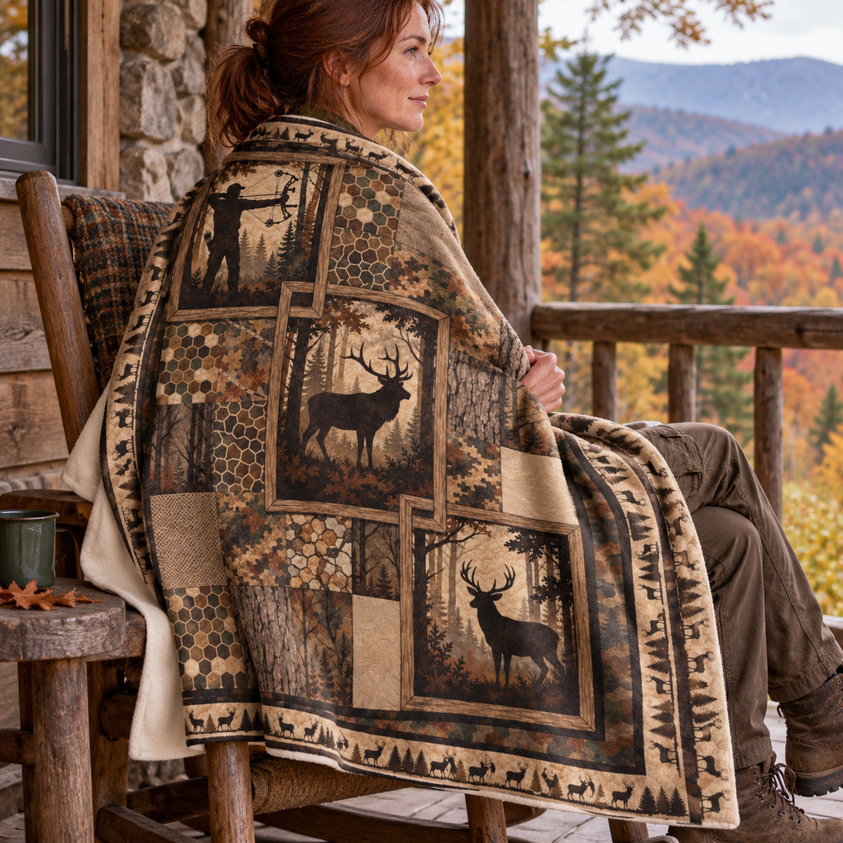 Timber Window Panel Fleece Blanket draped over a shoulder