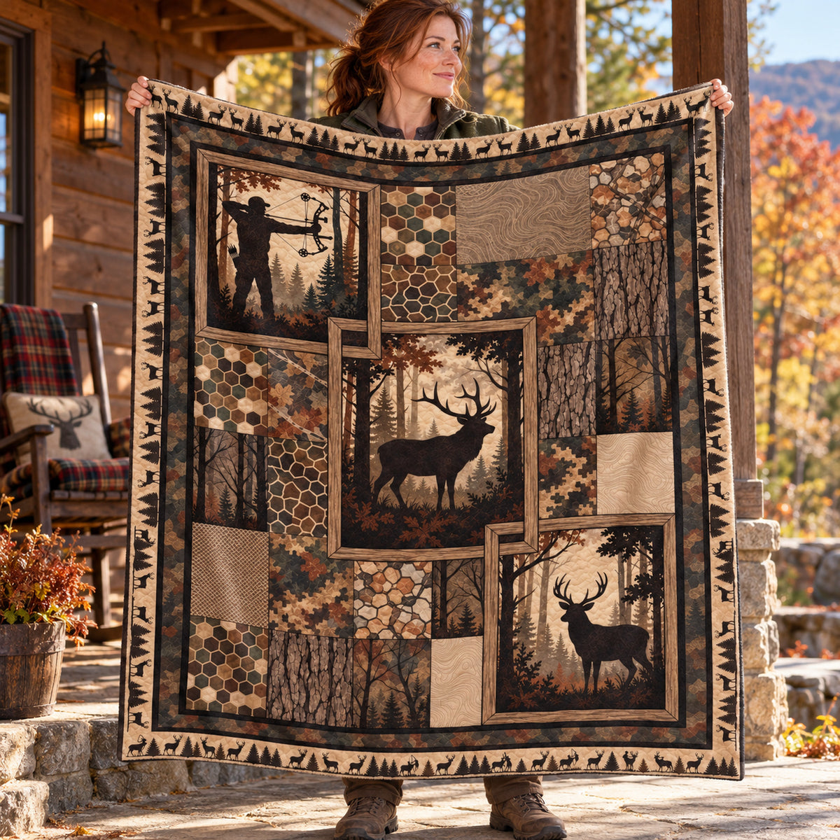 Timber Window Panel Fleece Blanket held open, full print front