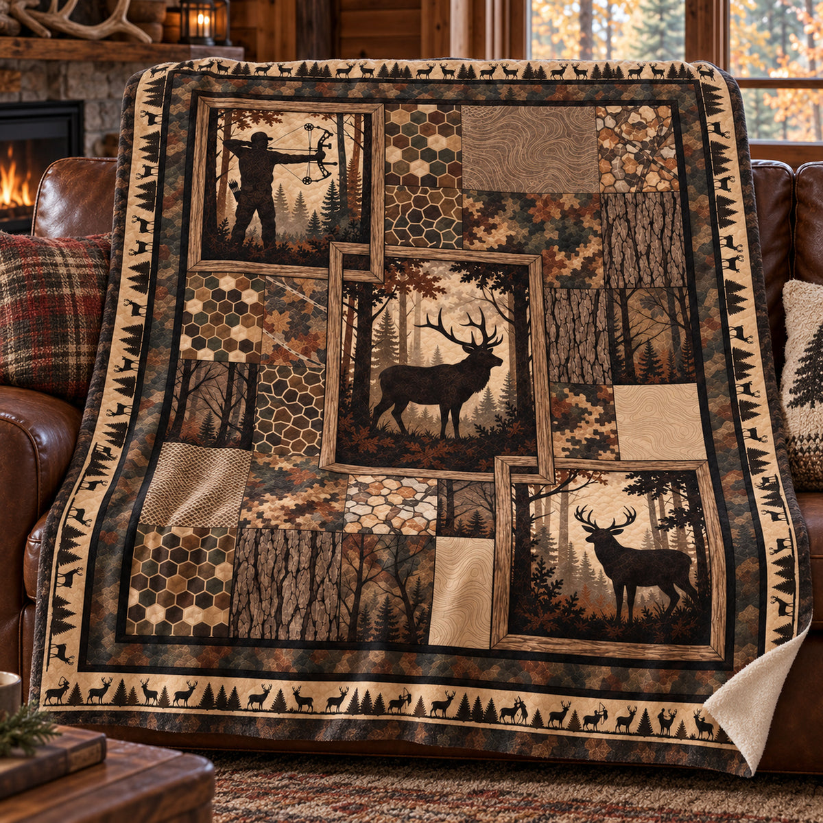 Timber Window Panel Fleece Blanket draped on a couch