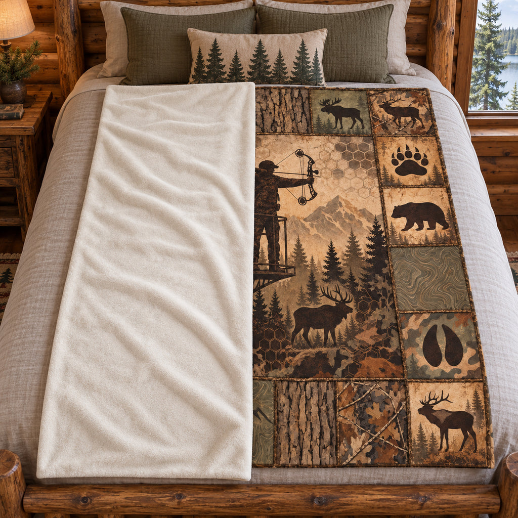 Treestand Tan Panel Fleece Blanket folded on a bed showing the sherpa back