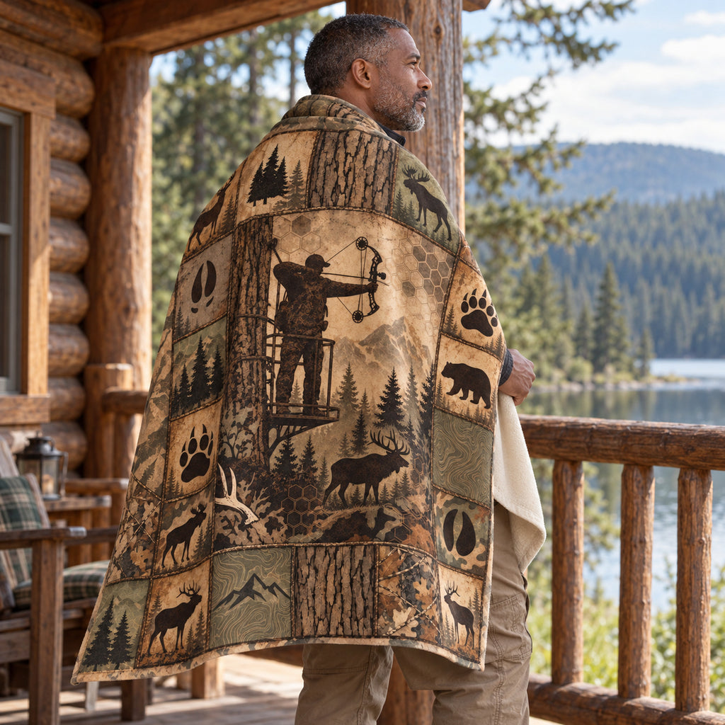 Treestand Tan Panel Fleece Blanket draped over a shoulder
