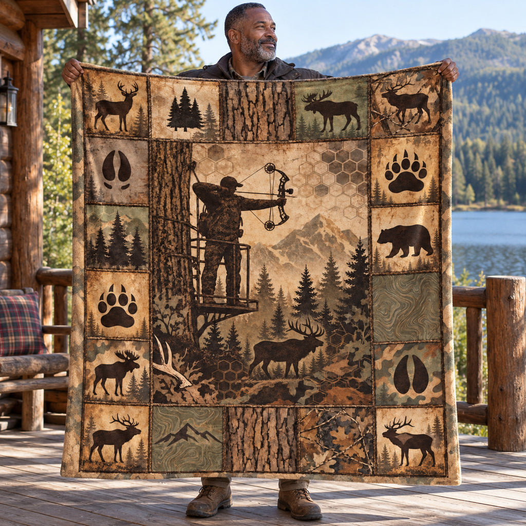 Treestand Tan Panel Fleece Blanket held open, full print front