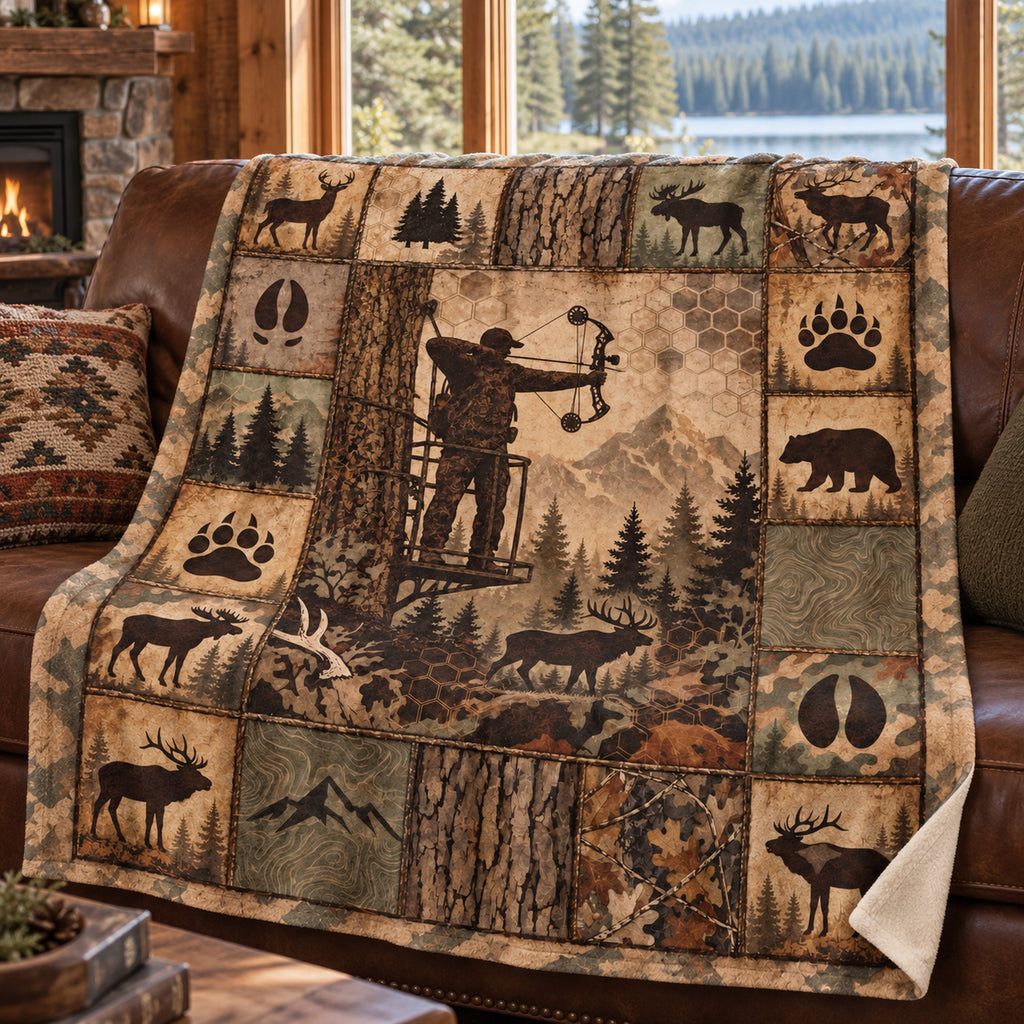 Treestand Tan Panel Fleece Blanket draped on a couch