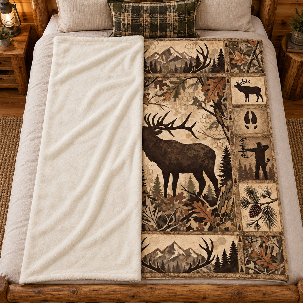 Cream Lodge Bull Elk Fleece Blanket folded on a bed showing the sherpa back