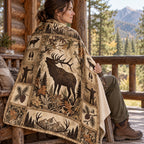 Cream Lodge Bull Elk Fleece Blanket draped over a shoulder