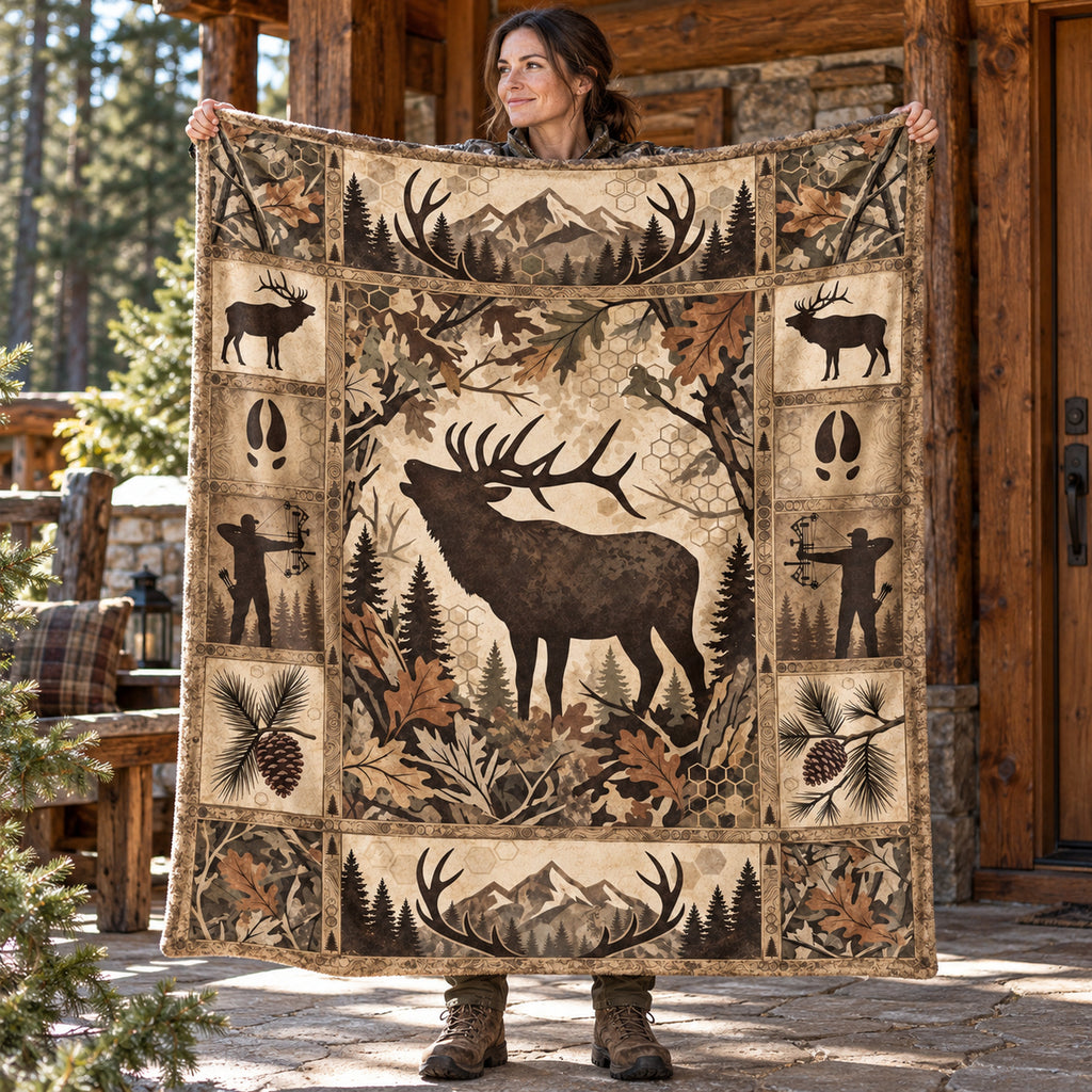Cream Lodge Bull Elk Fleece Blanket held open, full print front