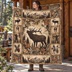 Cream Lodge Bull Elk Fleece Blanket held open, full print front
