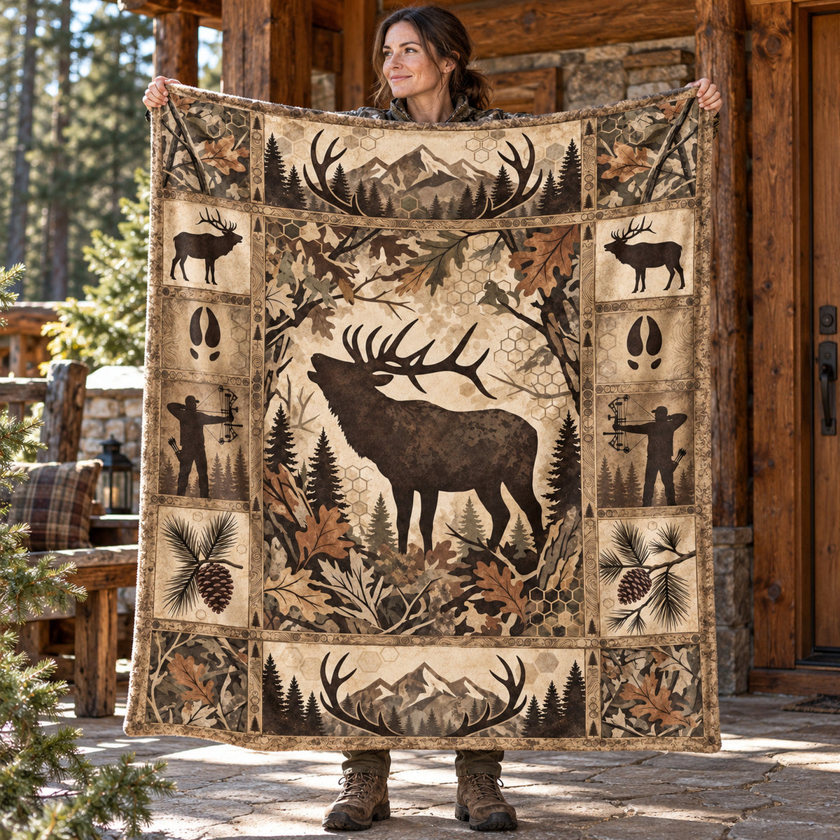 Cream Lodge Bull Elk Fleece Blanket held open, full print front