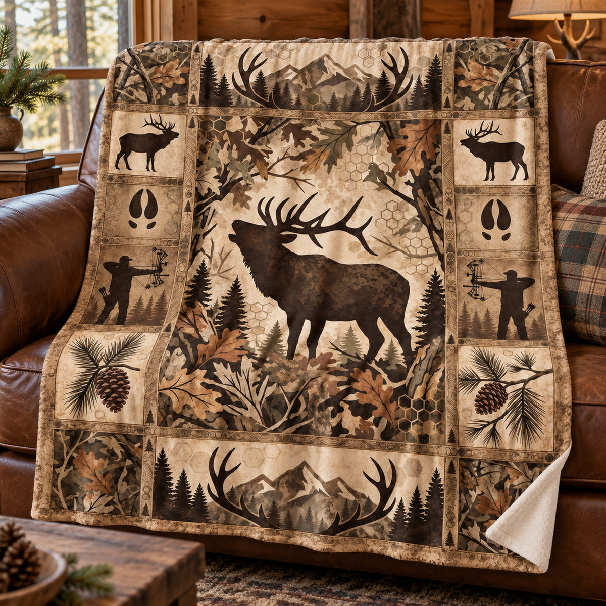 Cream Lodge Bull Elk Fleece Blanket draped on a couch