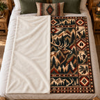 Aztec Border Bull Elk Fleece Blanket folded on a bed showing the sherpa back