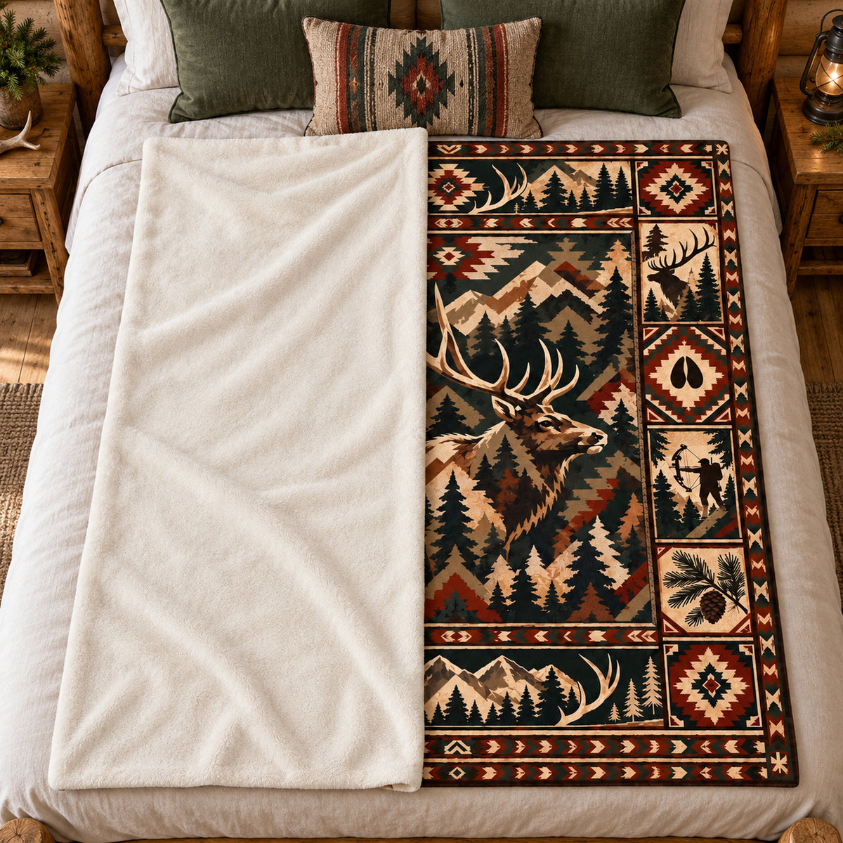 Aztec Border Bull Elk Fleece Blanket folded on a bed showing the sherpa back