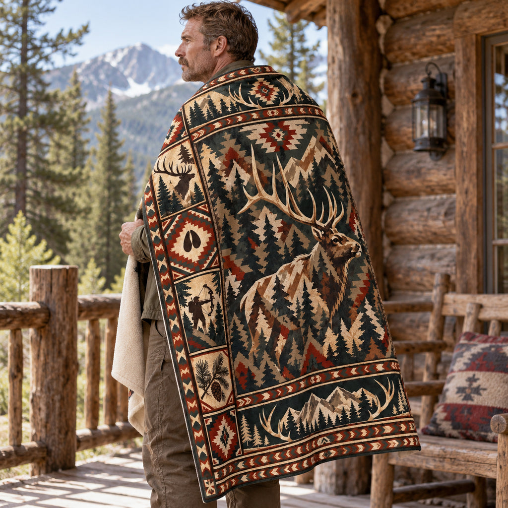 Aztec Border Bull Elk Fleece Blanket draped over a shoulder