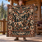 Aztec Border Bull Elk Fleece Blanket held open, full print front