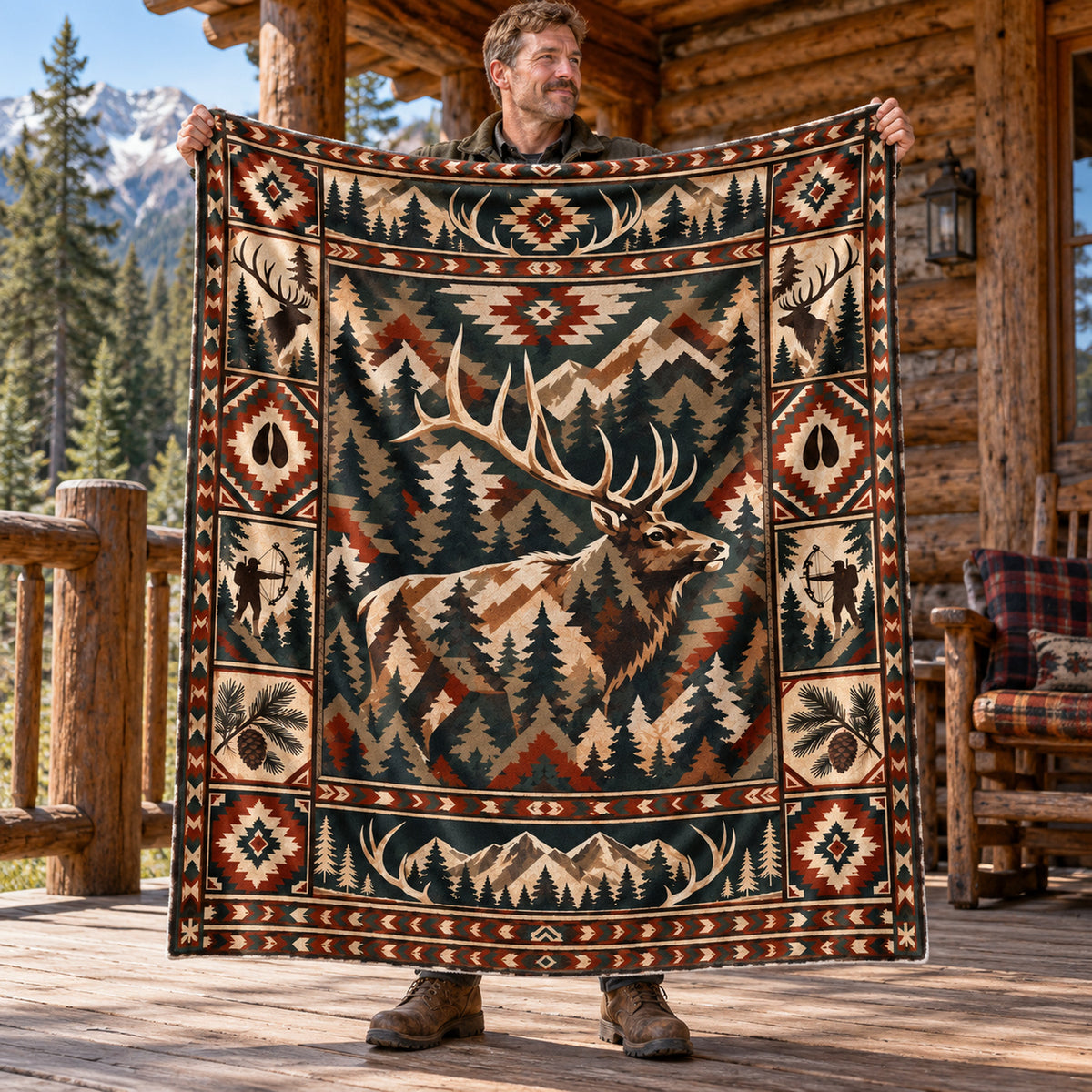 Aztec Border Bull Elk Fleece Blanket held open, full print front