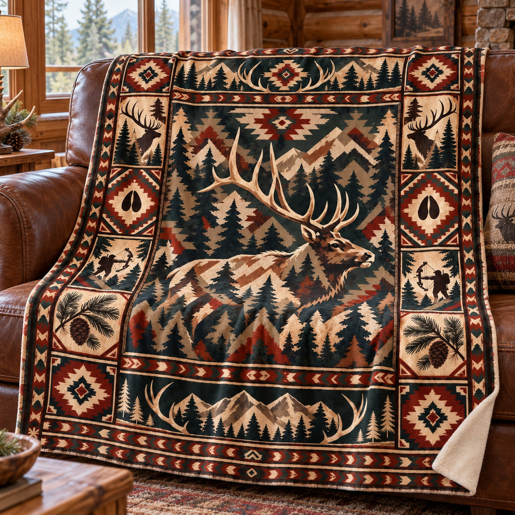 Aztec Border Bull Elk Fleece Blanket draped on a couch