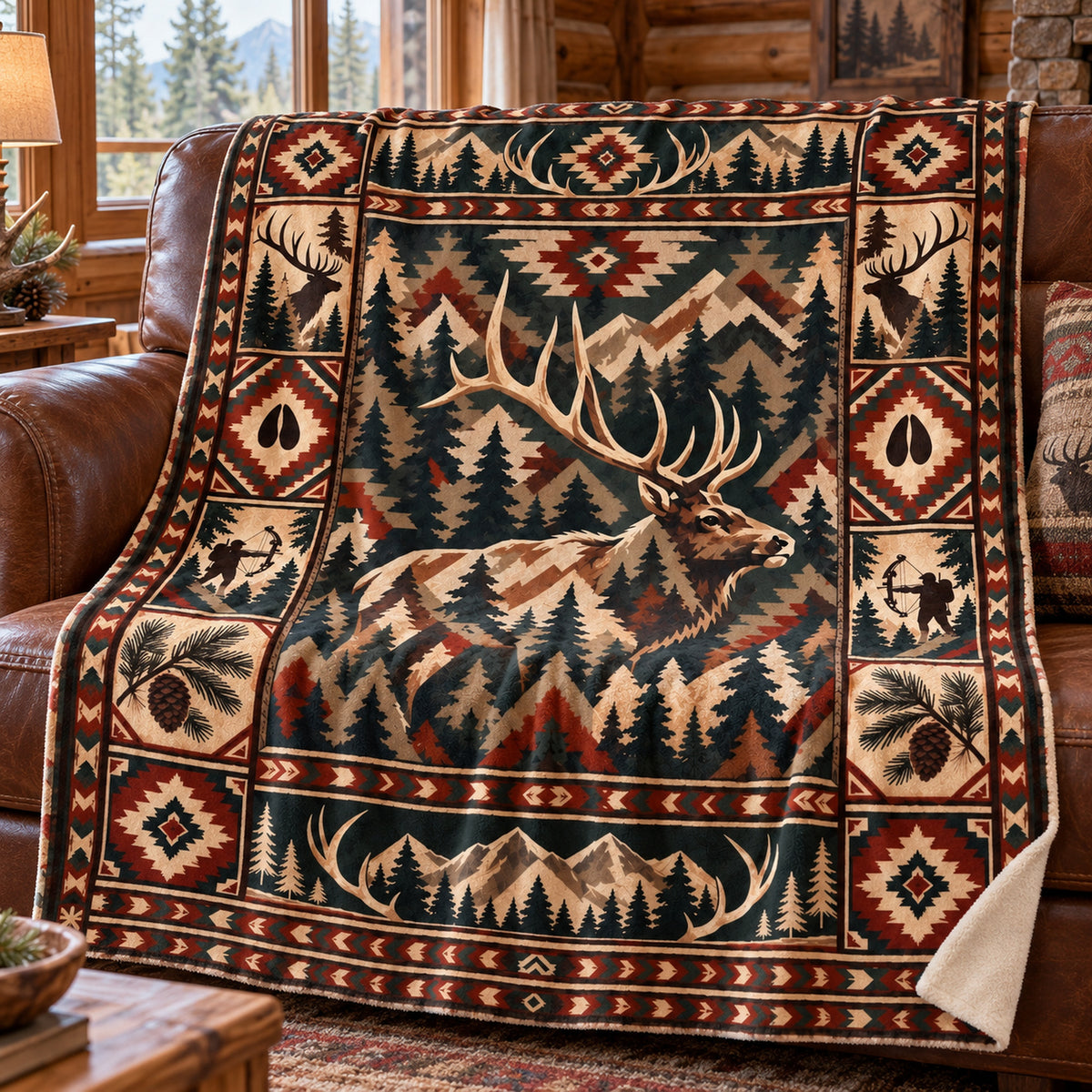 Aztec Border Bull Elk Fleece Blanket draped on a couch
