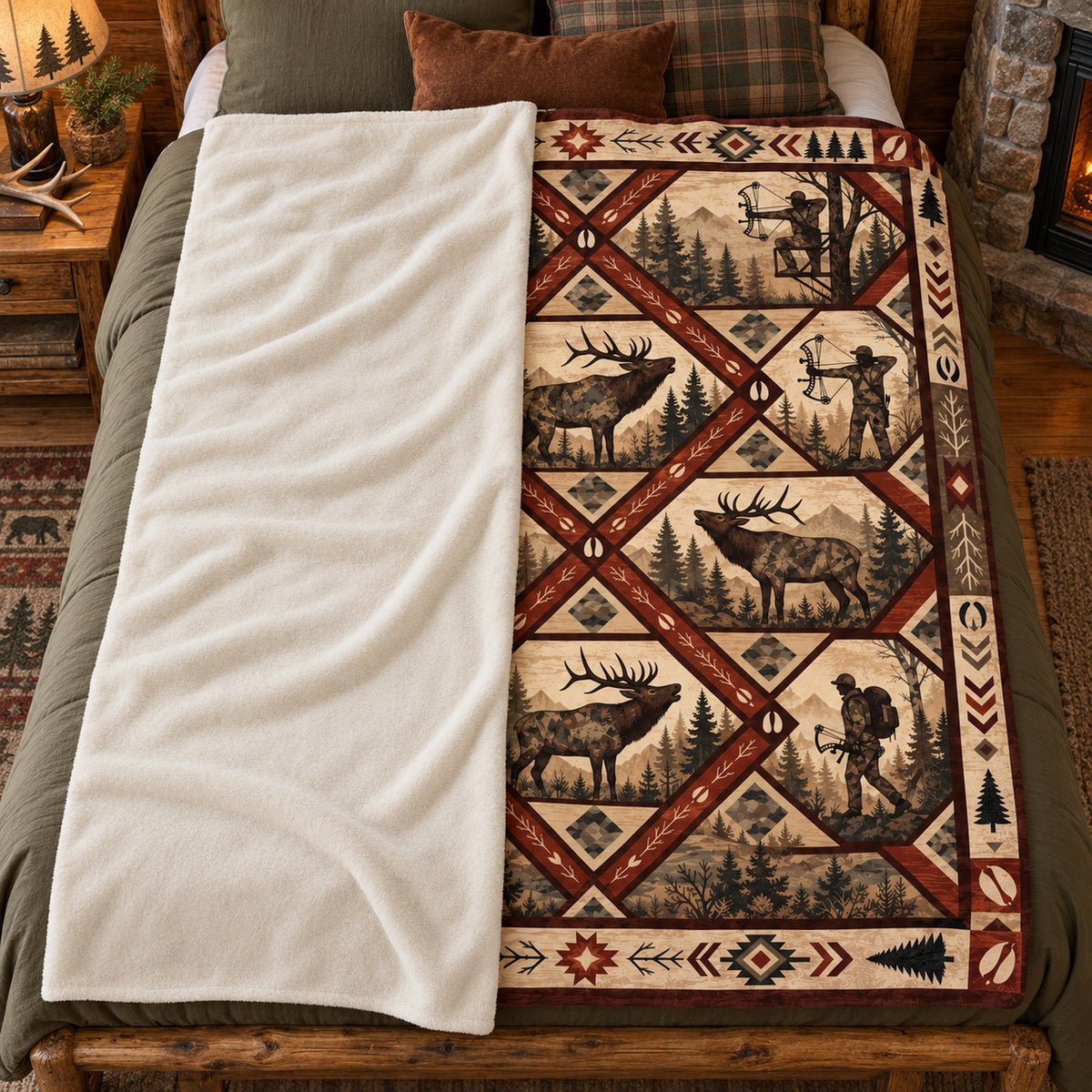 Blanket folded back on a bed, showing the sherpa lining
