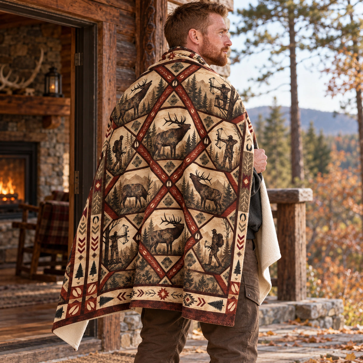 Hunter with the blanket draped over his shoulders on a cabin porch