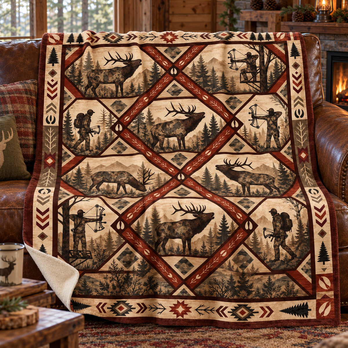 Diamond block bowhunting fleece blanket draped over a cabin couch