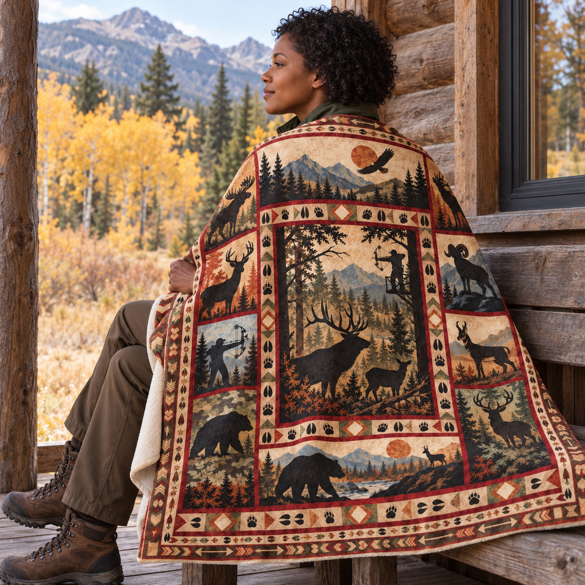 Blanket draped over the shoulders on a cabin porch