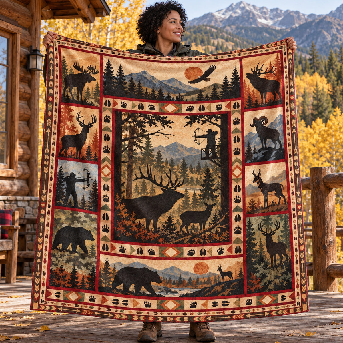 Hunter holding up the lodge window big game fleece blanket