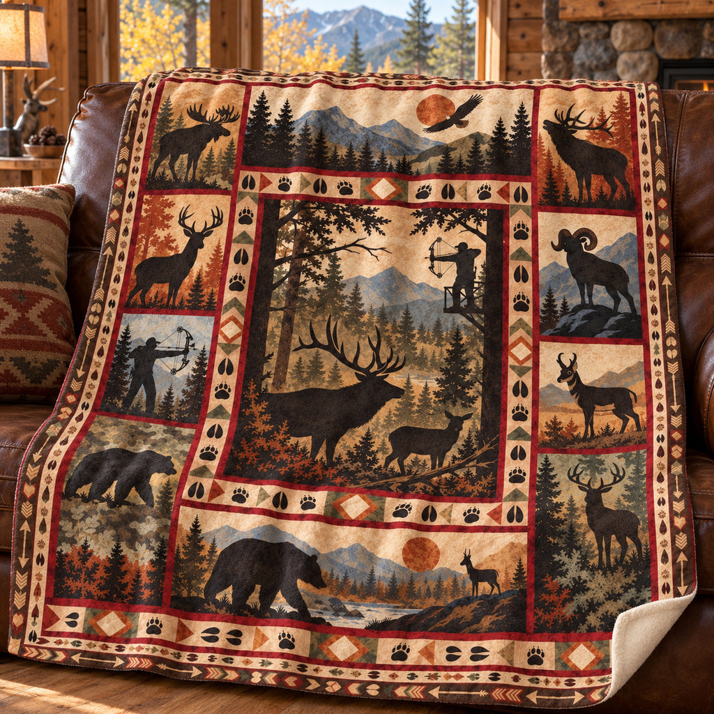 Lodge window big game fleece blanket draped over a cabin couch