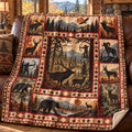 Lodge window big game fleece blanket draped over a cabin couch