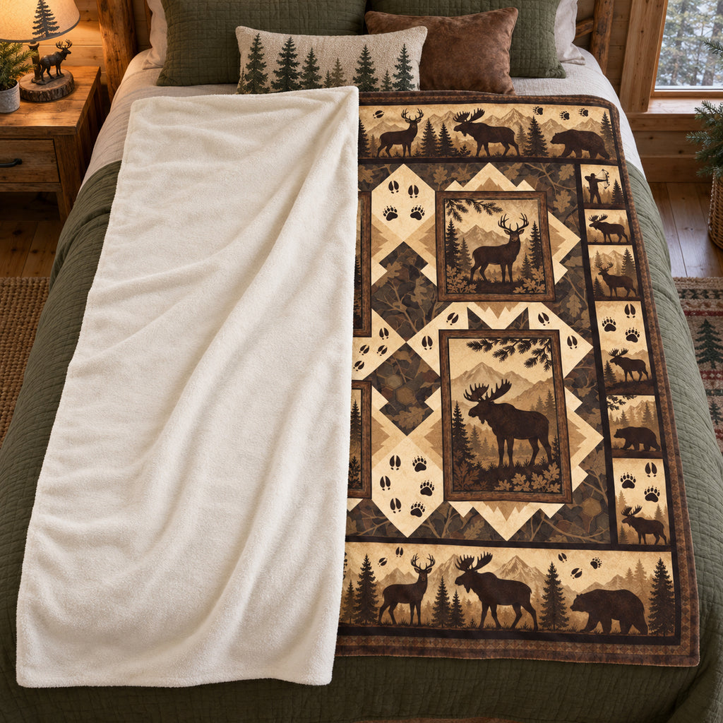Blanket folded back on a bed, showing the sherpa lining