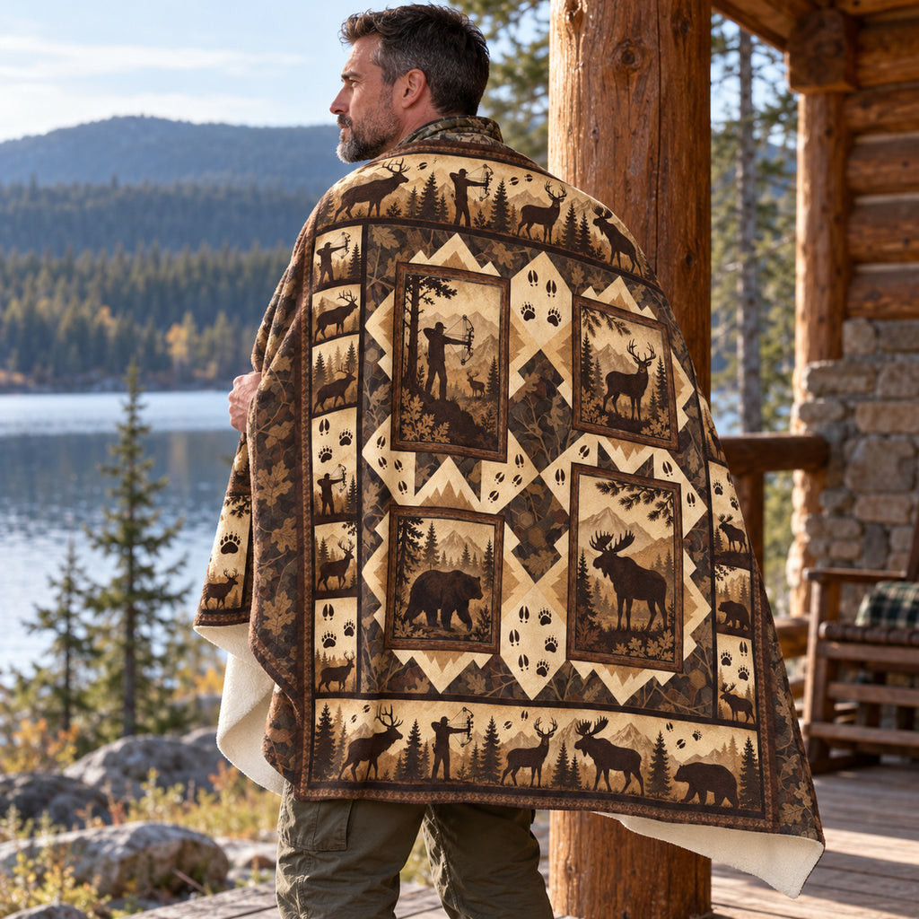 Blanket draped over the shoulders on a cabin porch