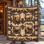 Hunter holding up the tan silhouette timber fleece blanket