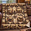 Tan silhouette timber fleece blanket draped over a cabin couch