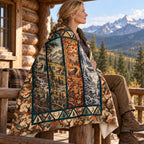 Blanket draped over the shoulders on a cabin porch
