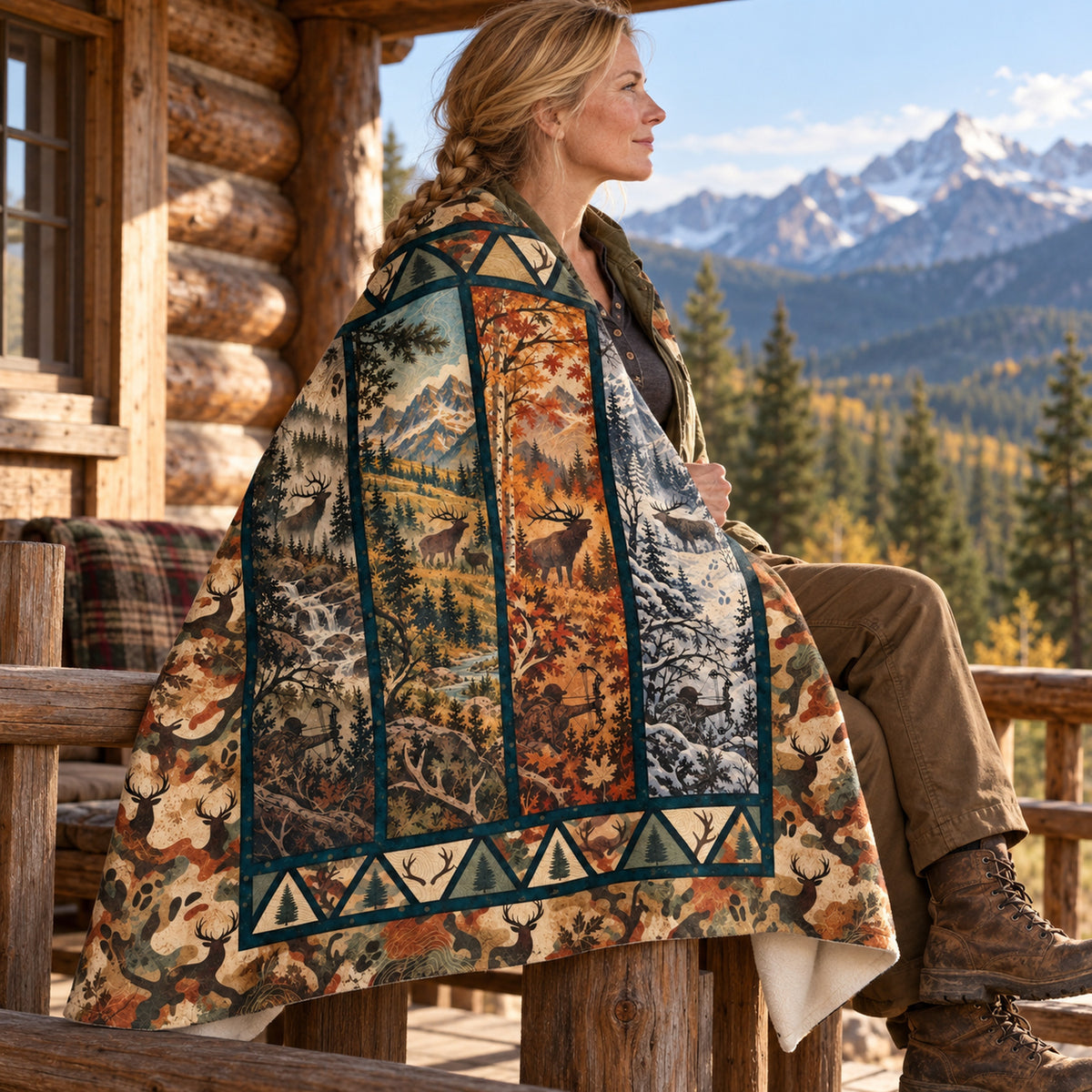 Blanket draped over the shoulders on a cabin porch