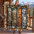 Hunter holding up the four season deer panel fleece blanket