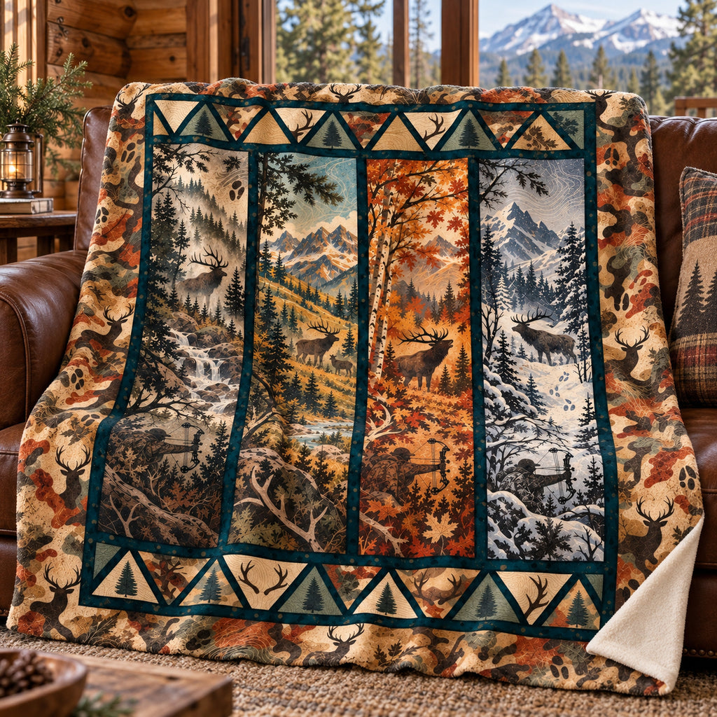 Four season deer panel fleece blanket draped over a cabin couch