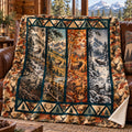 Four season deer panel fleece blanket draped over a cabin couch