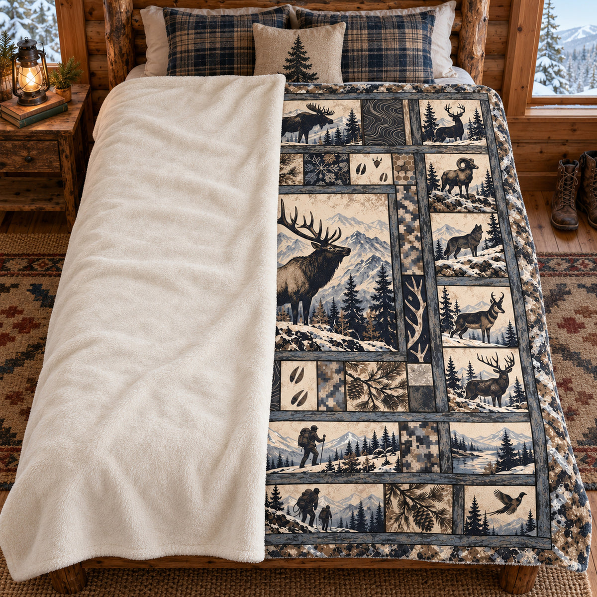 Blanket folded back on a bed, showing the sherpa lining