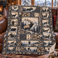 Frost grey bull elk fleece blanket draped over a cabin couch