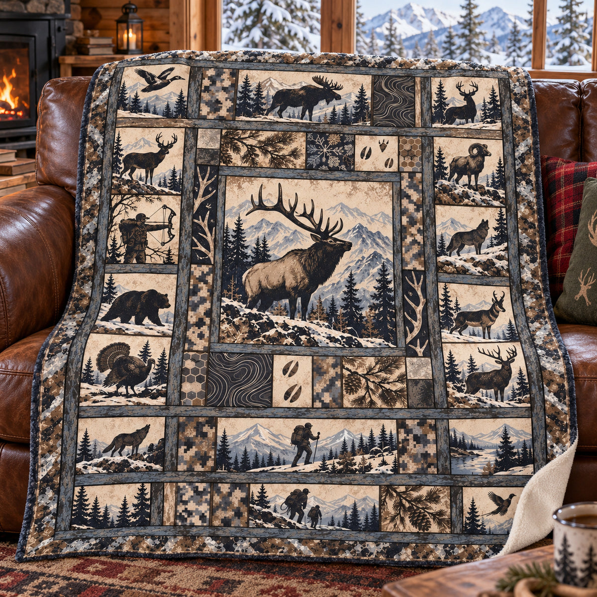 Frost grey bull elk fleece blanket draped over a cabin couch