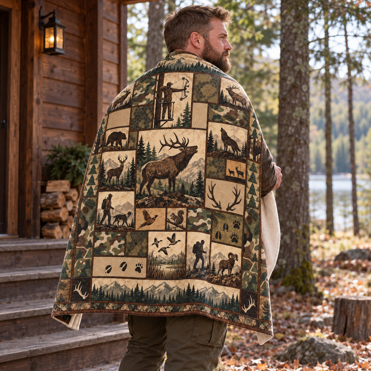 Blanket draped over the shoulders on a cabin porch